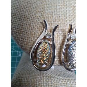 Vintage Emmons Aurora Borealis Earrings Clip 1950s Rhinestone Accent Swirl
